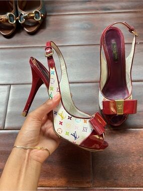 Louis Vuitton White Multicolor Monogram & Red Patent Slingback Heels